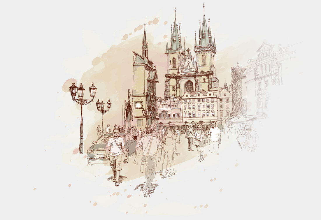 A picture created with this drawing tablet, depicting a crowded square surrounded by tall churches